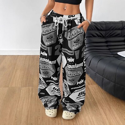 Clotth Women's Graphic Baggy Pants Drawstring High Waisted Baggy Sweatpants with Pocket Streetwear Street Print Loose Casual Wide-leg Pants, Black
