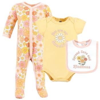 Hudson Baby Infant Girl Cotton Sleep and Play, Bodysuit and Bandana Bib Set, Peace Love Flowers