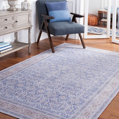 Blue and Rust 6' x 6' Square Washable Synthetic Area Rug
