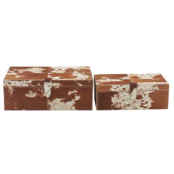 Set of 2 Cowhide Leather Decorative Boxes Brown/White - Olivia & May