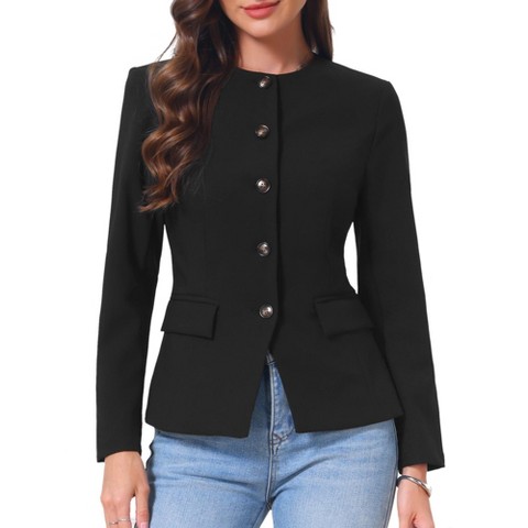 INSPIRE CHIC Women's Business Casual Collarless Button Down Fitted Office Jacket with Pockets Blazers X-Large Black