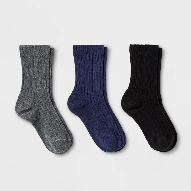 Kids' 3pk Dress Socks - Cat & Jack™ Gray/Black/Navy Blue, 1 of 2