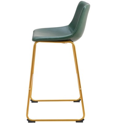 HomeRoots Set of Two 29" Green And Gold Faux Leather And Steel Bar Height Bar Chairs