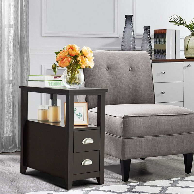 Costway Set of 2 End Bedside Table Rectangular Nightstand W/ 2 Drawers & Shelf Espresso, 2 of 11