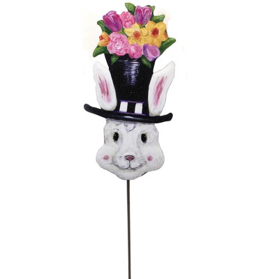 Easter 32.75" Dapper Top Hat Rabbit Flowers Garden Stake  -  Outdoor Sculptures And Statues
