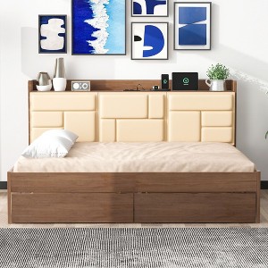 PAGED Twin Size Daybed Modern Wooden Bed Frame with Trundle, Shelves, Cork Board, Blackboard and Ports for Bedroom - 1 of 4