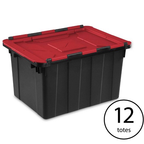 Sterilite 12 Gal Hinged Lid Industrial Tote, Stackable Storage Bin with  Hinge Lid, Plastic Container to Organize Basement, Black with Red Lid,  12-Pack