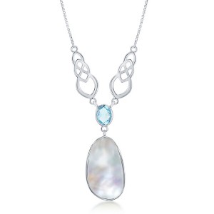 Simona Sterling Silver Mother of Pearl with Oval Blue Topaz Designed 'Y' Necklace - White - 17+2 Inch - 1 of 2