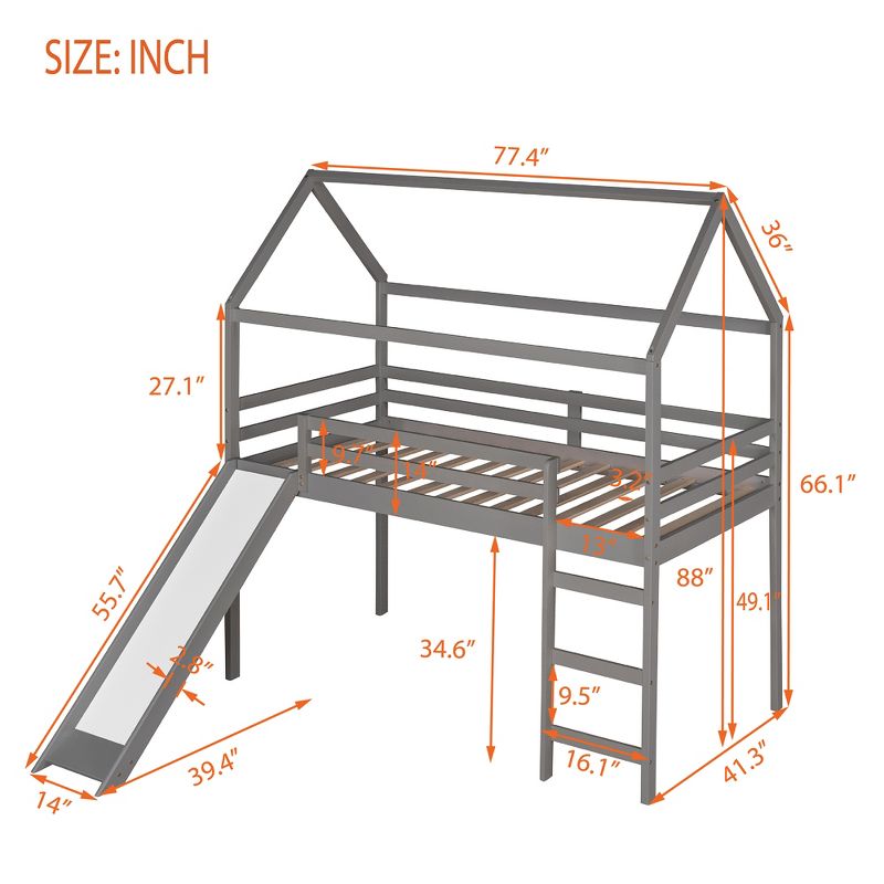 House Shape Twin Size Loft Bed with Slide, Gray - ModernLuxe, 3 of 12