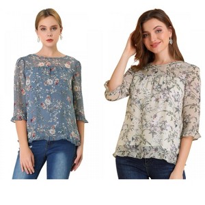 Allegra K Women's Round Neck Ruffle 3/4 Sleeve Floral Print Chiffon Blouse 2 Pcs - 1 of 4