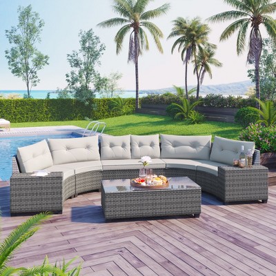 FURNIinspire Patio Seating Sets 8-Pieces Outdoor Wicker Half-Moon Sofa Set, Curved Sofa Set With Rectangular Coffee Table, Beige, 136“*27”*28“