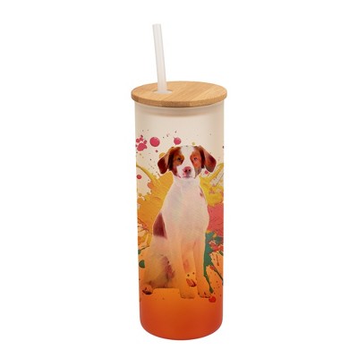 100 North 25 Ounce Frosted Glass Gradient Travel Tumbler With Straw & Wooden Lid, Brittany Spaniel Paint Splatter Orange