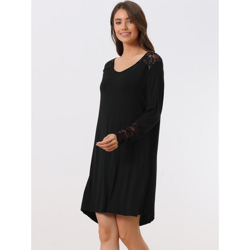 cheibear Women's Lace Trim Long Sleeves Pull-on Nightshirt Dress, 2 of 6