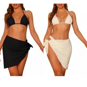 Elerevyo Women's Halter Bikini Sets, Hollow Out Mesh Swimsuits with Sarong Cover Ups Beach Skirt Bathing Suit 3 Pcs 2 Sets - 1 of 4