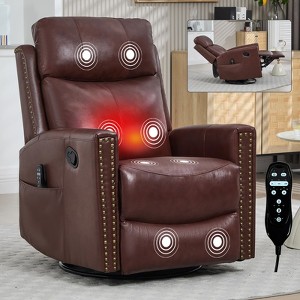Genuine Leather Heat Massage Manual Recliner Chair with Rocker and Swivel - 1 of 4