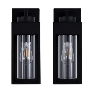 DAKAFUL Outdoor Wall Light With Cylindrical Glass Shade, Matte Black, Modern Wall Light Fixture For Garage, Porch, Patio (Set Of 2)-Black - 1 of 4