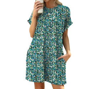 Coolmee Women Summer Mini Dress Casual Loose Short Sleeve Floral Print Shift Dresses T Shirt Crewneck Flowy Beach Sundress with Pockets - 1 of 4