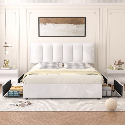 VECELO Upholstered Bed Frame with 4 Storage Drawers and Adjustable Velvet Headboard