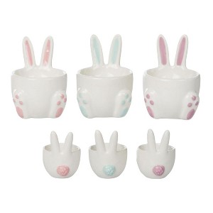 Transpac Ceramic White Easter Bunny Large Ear Egg Holder w/Real Pom Pom Tail Set of 3 Home Decorations - 1 of 1
