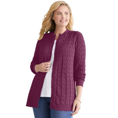 Woman Within Plus Size Cotton Cable Knit Cardigan Sweater