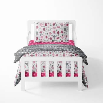 Bacati - Owls in the Woods Pink Fuschia Gray 4 pc Toddler Bedding Set