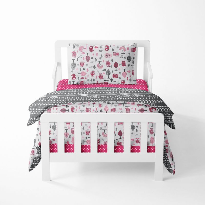 Bacati - Owls in the Woods Pink Fuschia Gray 4 pc Toddler Bedding Set, 1 of 10