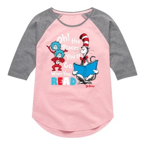 Girls' - Dr. Seuss - Oh Places Youll Go When You Read Shirt Tail Raglan Graphic T-shirt - 1 of 4