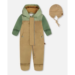 Deux par Deux Boy Baby Colorblock Mid-Season One-Piece Outerwear with Hat Pale Green, Sage, and Tan - 18 Months - 1 of 4