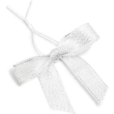 Bright Creations 3" Silver Satin Bow Twist Ties with Clear Twist Ties for Treat Bags and Gift Package, 100 Pack
