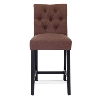 Brown Linen Upholstered Button Tufted Counter Stool with Wood Legs