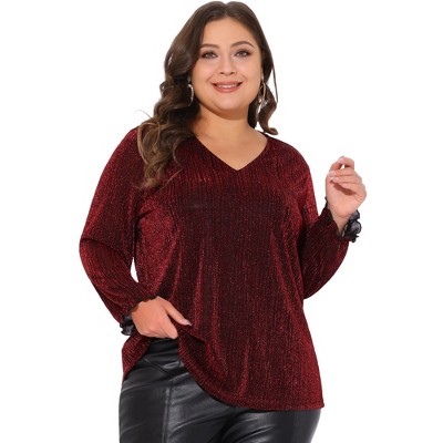 Agnes Orinda Women's Plus Size Glitter Sparkle V Neck Metallic Party Sequin Blouses