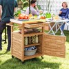 Outsunny Outdoor Grill Cart with Wheels and Storage Cabinet, Solid Wood Outdoor Kitchen Island with Stainless Steel Top, Drawer, Side Handle, Brown - 3 of 4