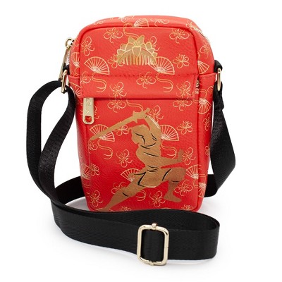 Disney Bag, Crossbody, Mulan Action Pose Silhouette and Comb, Red Golds, Vegan Leather