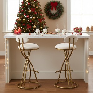 Homy Casa Set of 2 Modern Velvet Bar Stools with Curved Gold Metal Frame and Footrest, Cream White - 1 of 4
