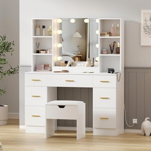 Vanity Set with LED Lighted Mirror, Bedroom Dressing Table with Drawer for Women&Girls,3 Lighting Modes,Brightness Adjustable, White - 1 of 4