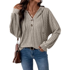 Women's Ribbed Knit Hoodie Long Sleeve Loungewear Top with V-Neck and Buttons Soft Casual Pullover - 1 of 4