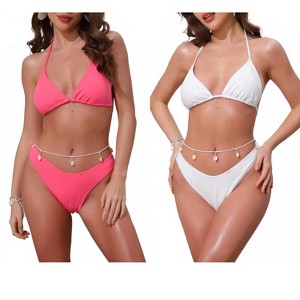 INSPIRE CHIC Women's Waffle Knit Halter Top Triangle Bottom with Seashell Waist Rope Bikini Suits 2 Sets - 1 of 4