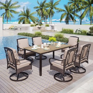 Captiva Designs 7pc Outdoor Brown Wood-look Rectangle Metal Dining Table & Rattan Metal Arm Chairs - 1 of 4