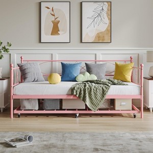 Twin Daybed with Trundle, Metal Daybed and Trundle Set, Sofa Bed Frame with Steel Slat Support, Multifunctional Daybed for Bedroom, Living Room - 1 of 4