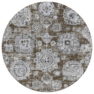 Chocolate And Blue Floral Washable Indoor Outdoor Area Rug