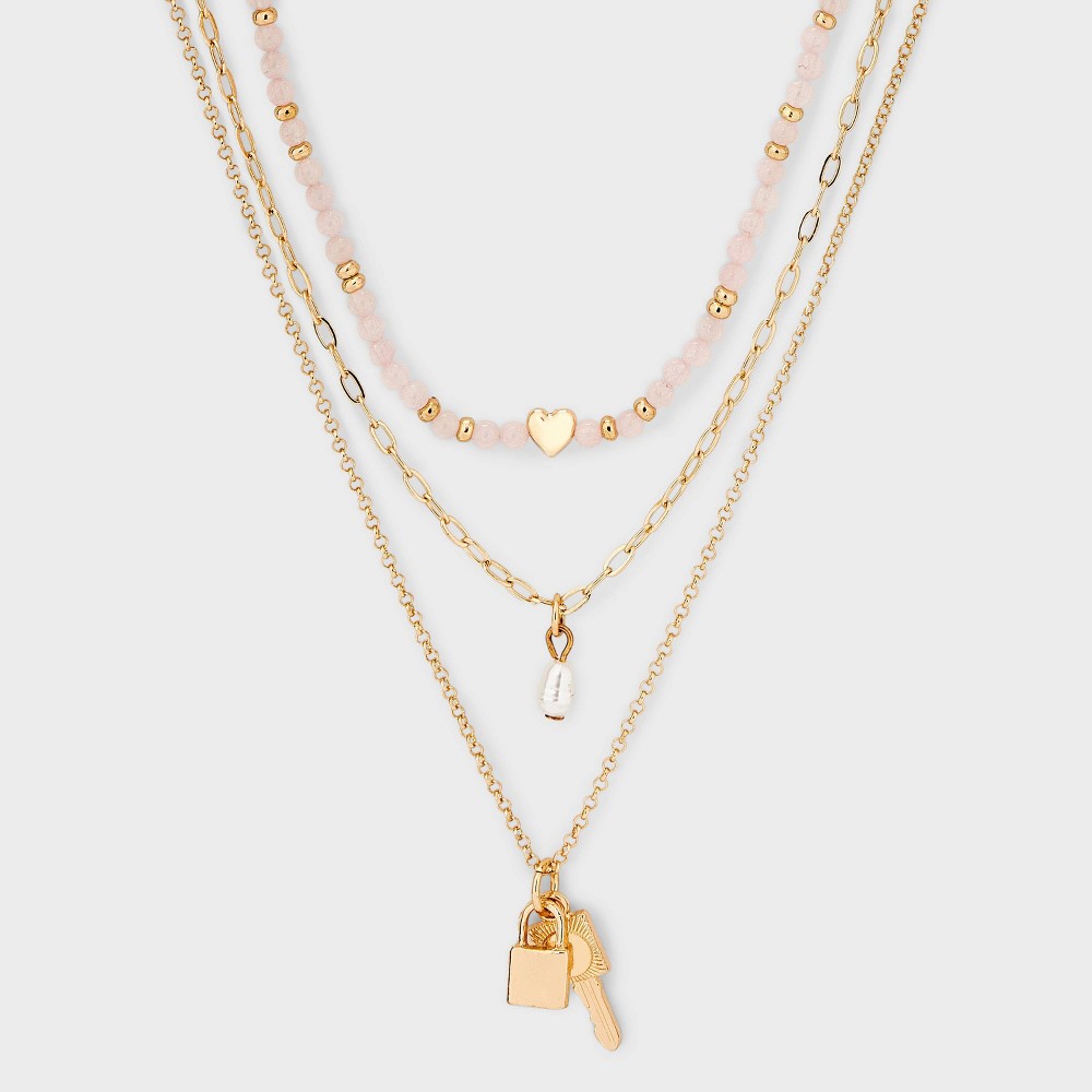 Semi-Precious Rose Quartz Beaded and Key Charm Cluster Layered Necklace - Universal Thread™ Pink -  91467547