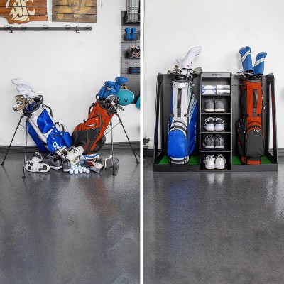 Black Wooden Double Golf Bag Organizer with Storage Shelves