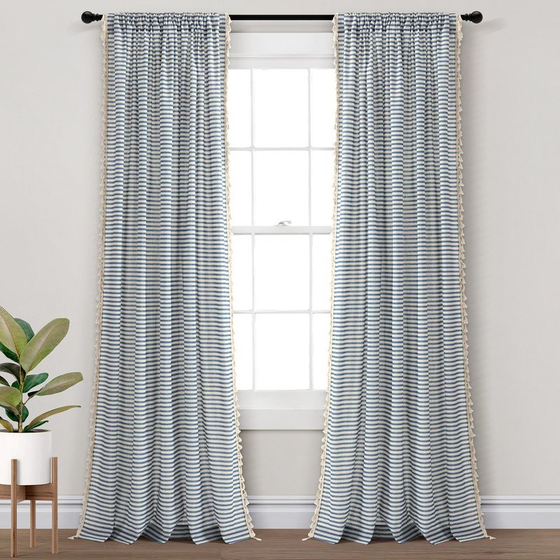 Boho Coastal Horizontal Ticking Stripe Tassel Window Curtain Panels Blue 52X84 Set, 1 of 6
