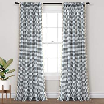 Boho Coastal Horizontal Ticking Stripe Tassel Window Curtain Panels Blue 52X84 Set