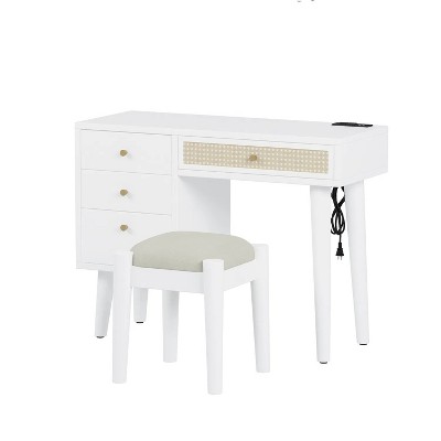 39" Retro Bohemian Style Wooden Makeup Vanity Set with Charging Plug&USB Port and Stool, White