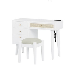 39" Retro Bohemian Style Wooden Makeup Vanity Set with Charging Plug&USB Port and Stool, White - 1 of 4