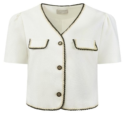 Hobemty Women's Tweed Contrast Trim Button Down Short Sleeve Work Office Blazer