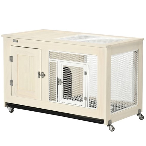 PawHut Small Rabbit Hutch Indoor Bunny Cage on Wheels Rabbit Habitat with Tough Pinewood Openable Top Rabbit Cage Inside 37.5 x 21 x 24.5