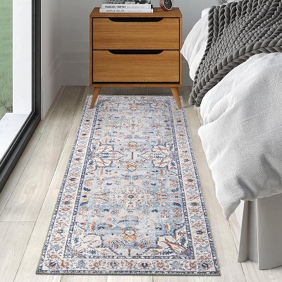 Acekool 2x6 Vintage Blue Washable Runner Rug, Non-Slip Oriental Medallion Low Pile Accent Carpet for Hallway, Entryway, Kitchen