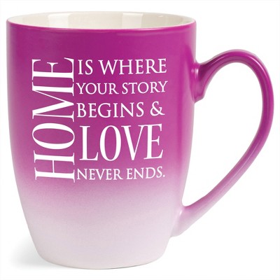 Elanze Designs Home Is Where Your Story Begins & Love Never Ends Two Toned Ombre Matte Pink and White 12 ounce Ceramic Stoneware Coffee Cup Mug